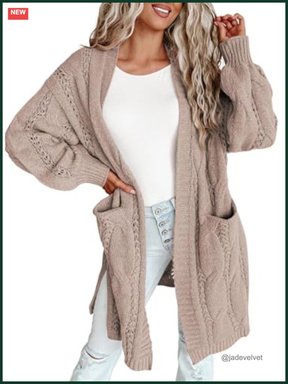 100% Acrylic Women's Long Open Front Knit Cardigan Sweater with Lantern Sleeves